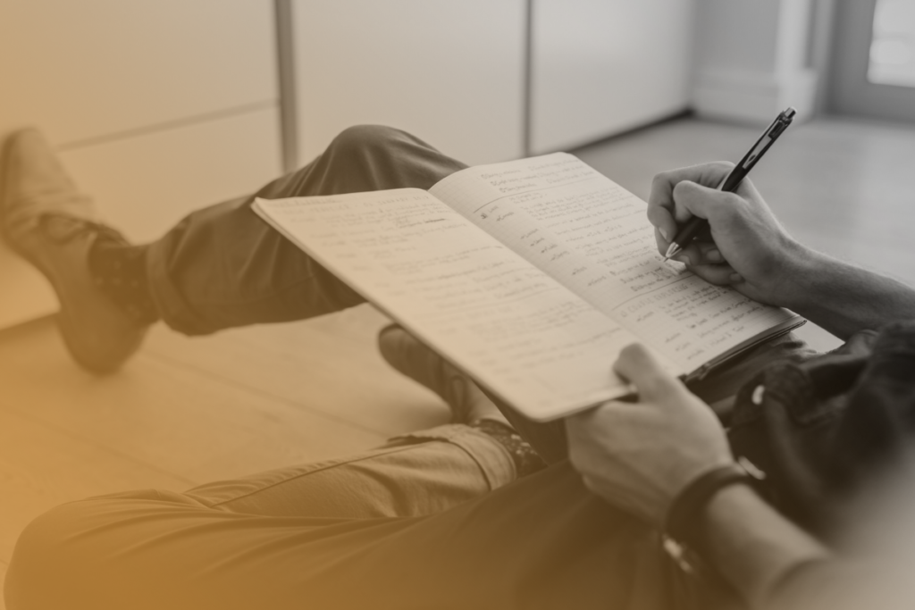 Un ragazzo scrive un diario nella sua stanza mentre è seduto per terra.