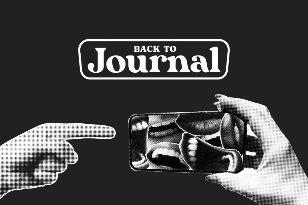 Immagine scura con il logo bianco ufficiale di backtojournal il blog sul journaling di riferimento in Italia - Immagine di un dito che indica uno schermo di un cellulare con tante bocche che urlano