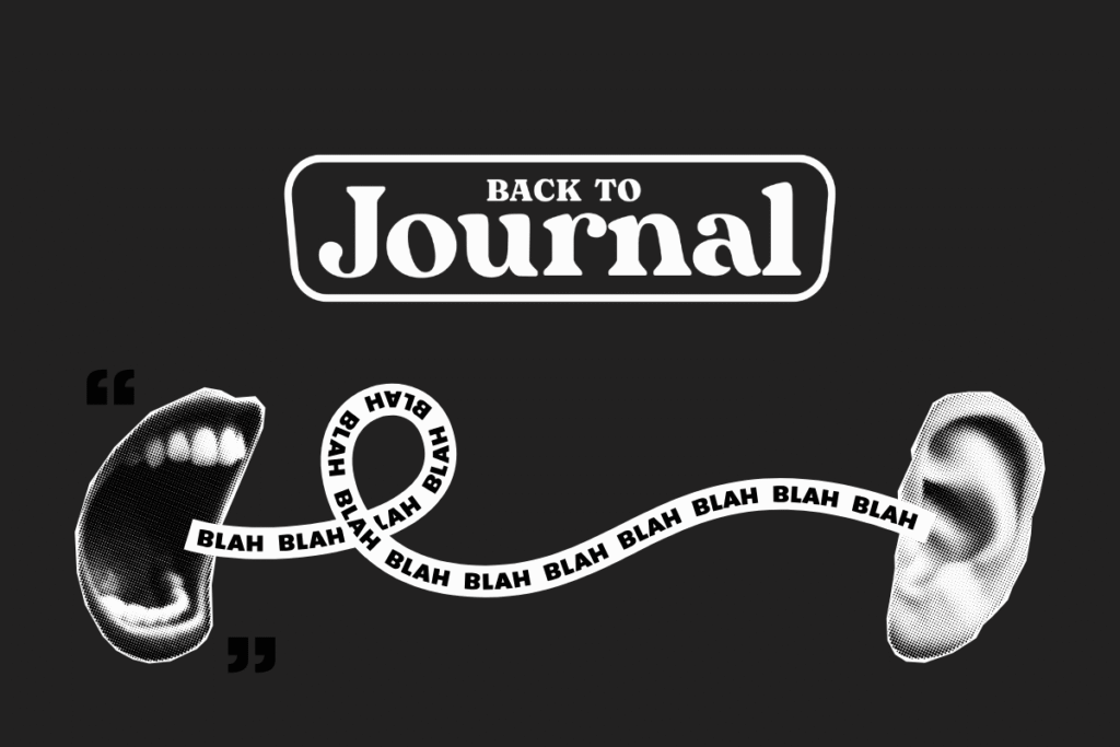 Immagine scura con il logo bianco ufficiale di backtojournal il blog sul journaling di riferimento in Italia - Una bocca che parla in direzione di un orecchio in stile vintage.