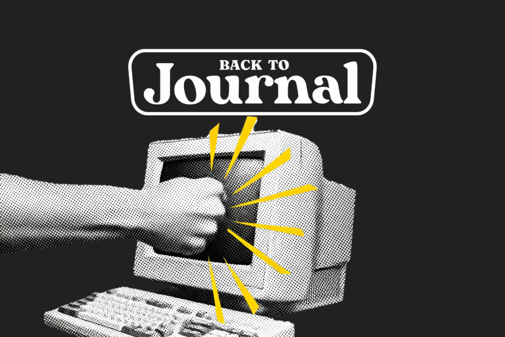 Immagine scura con il logo bianco ufficiale di backtojournal il blog sul journaling di riferimento in Italia - un pugno che vvuole spaccare un vecchio computer.